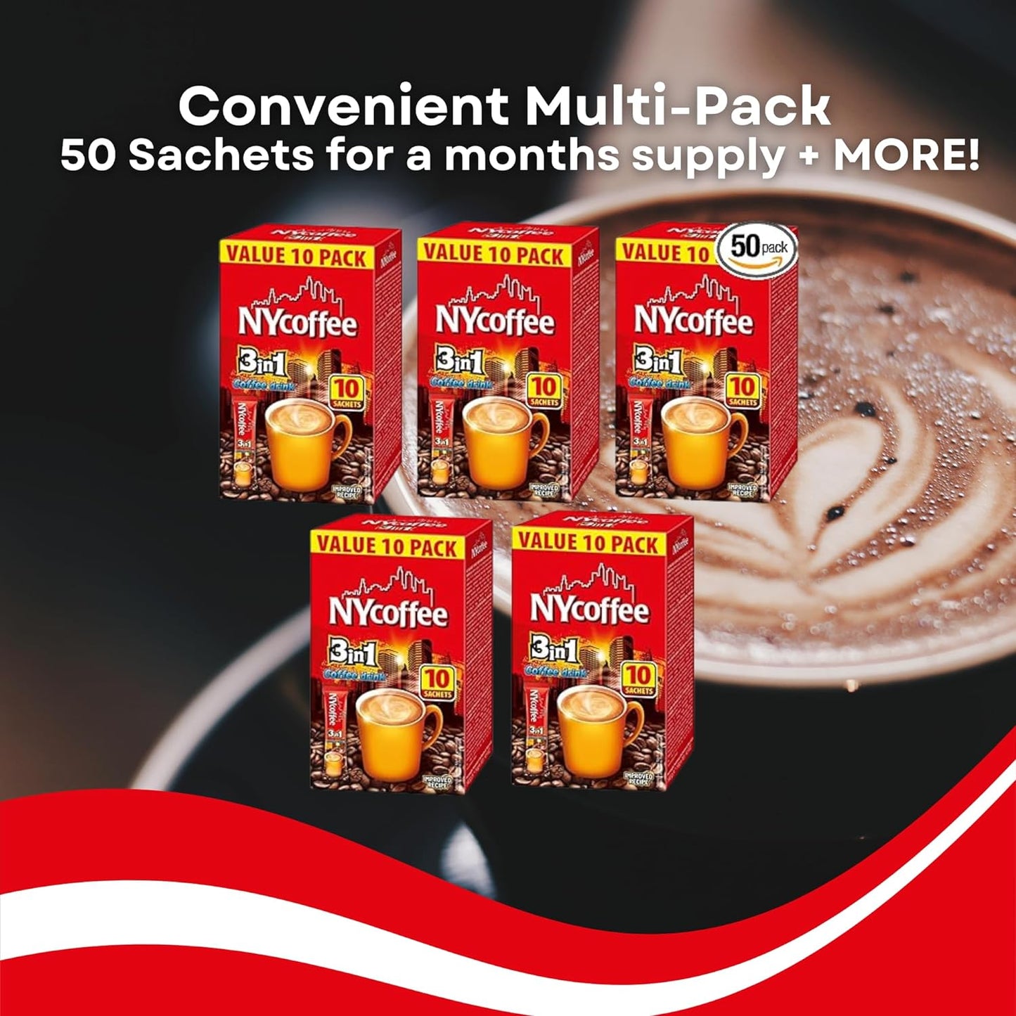 50 x NY Coffee 3 in 1 Sachets White Coffee Sachet with Sugar - 5 Boxes x 10 Instant