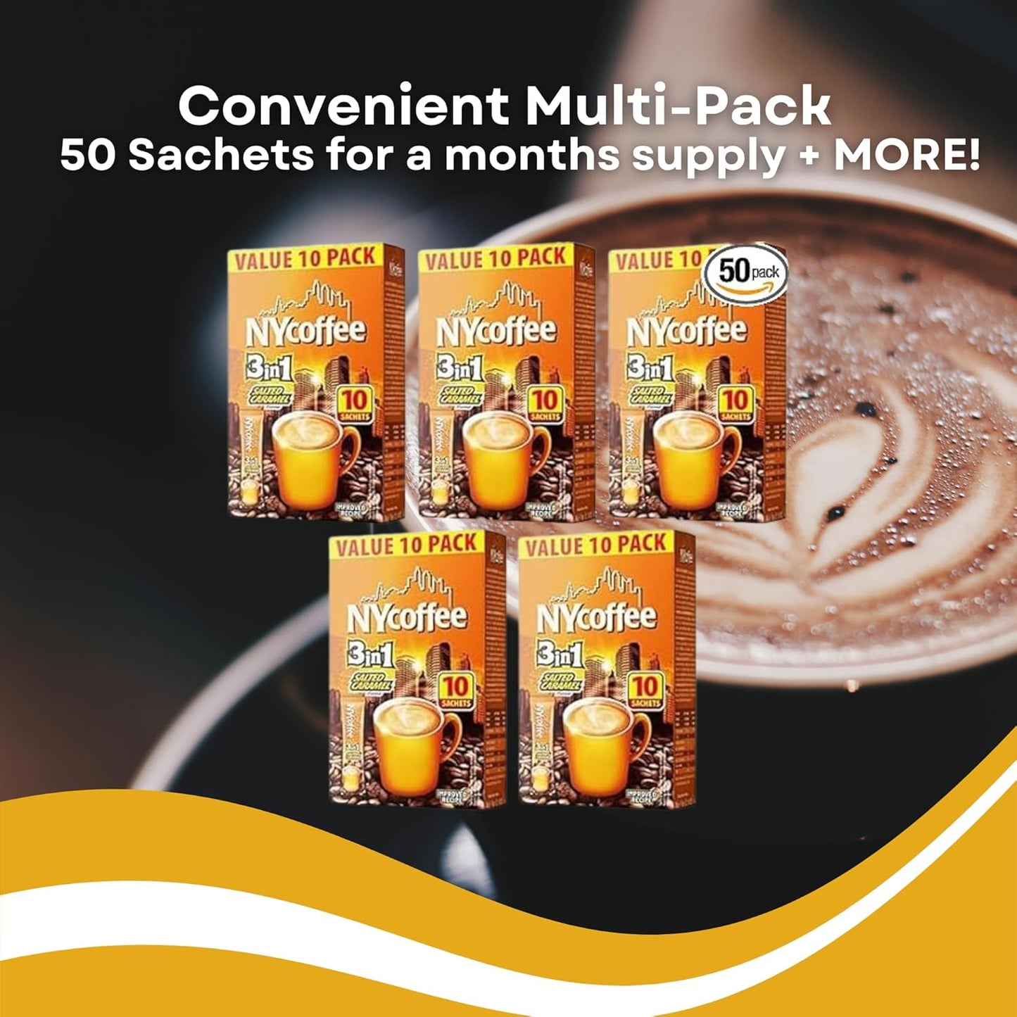 50 x NY Coffee 3 in 1 Sachets Salted Caramel Flavour Individual Sticks - 5 Boxes x 10 Instant Sachets