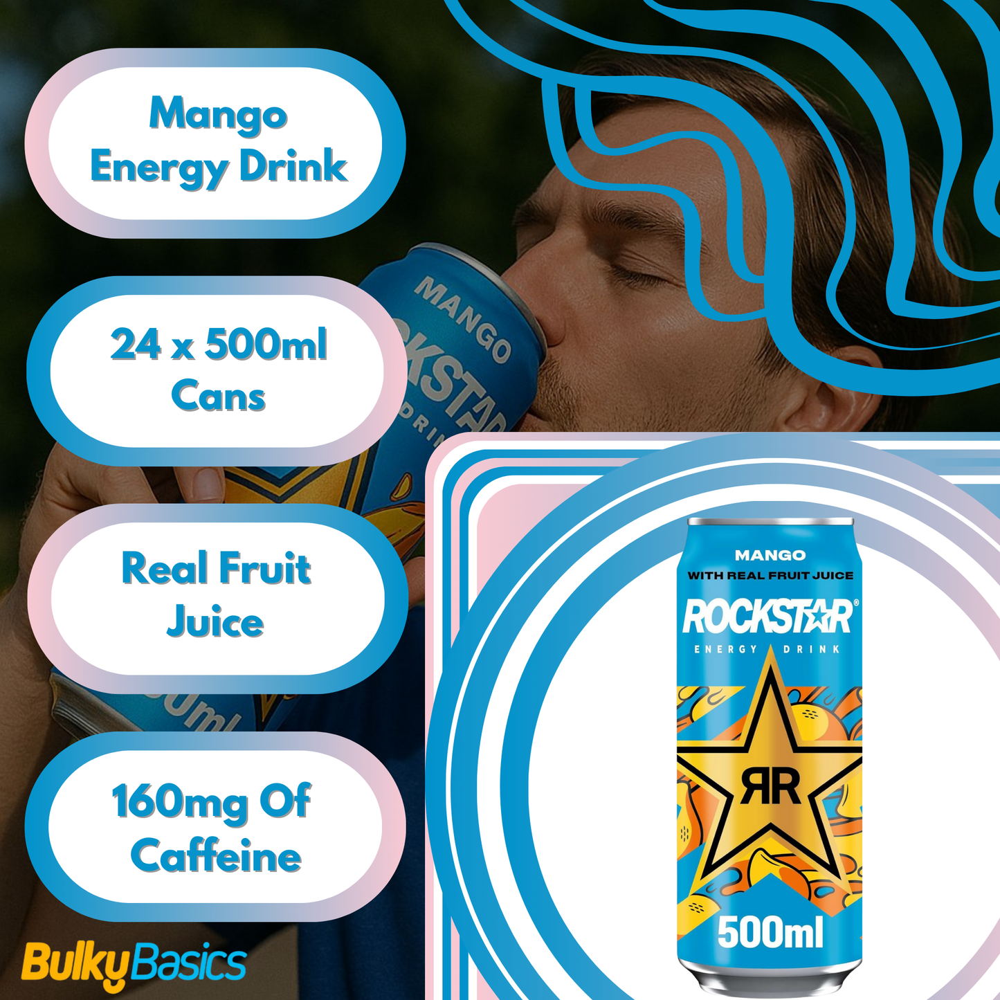 Rockstar Juiced Energy Drink - Mango - Non-Alcoholic - 160 mg Caffeine - Caffeinated Drink with Taurine, Guarana, Ginseng, & B-Vitamins - 24 x 500ml cans