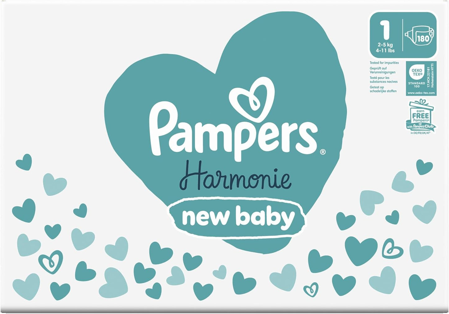 Pampers Harmonie Nappies Size 1, 180 Nappies, 2kg-5kg, Monthly Pack, Gentle Skin Protection with 100 Percent Pampers Protection