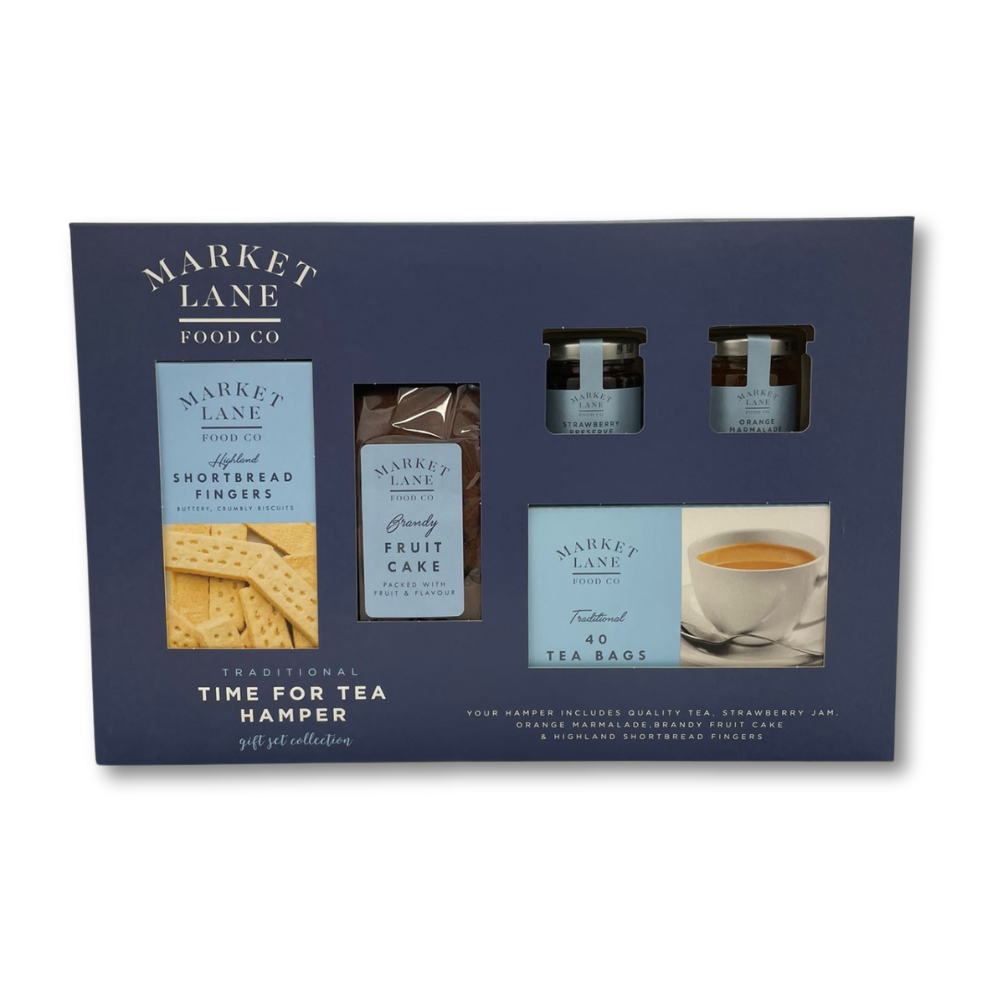 Traditional Time For Tea Hamper by Hampton - Cream tea set containing Quality Tea, Strawberry Jam, Orange Marmalade, Fruit Cake, Highland Shortbread Fingers - Ideal Christmas or Birthday present