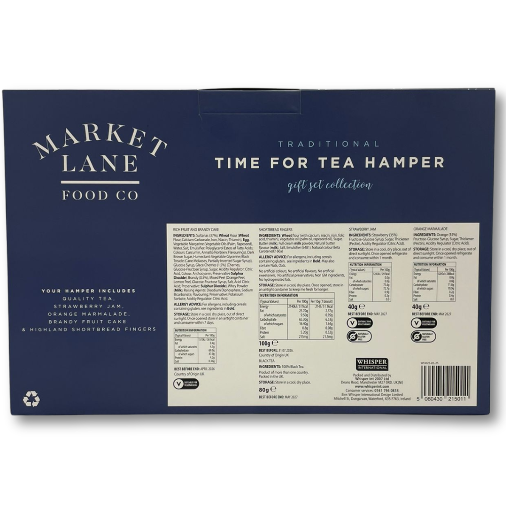 Traditional Time For Tea Hamper by Hampton - Cream tea set containing Quality Tea, Strawberry Jam, Orange Marmalade, Fruit Cake, Highland Shortbread Fingers - Ideal Christmas or Birthday present
