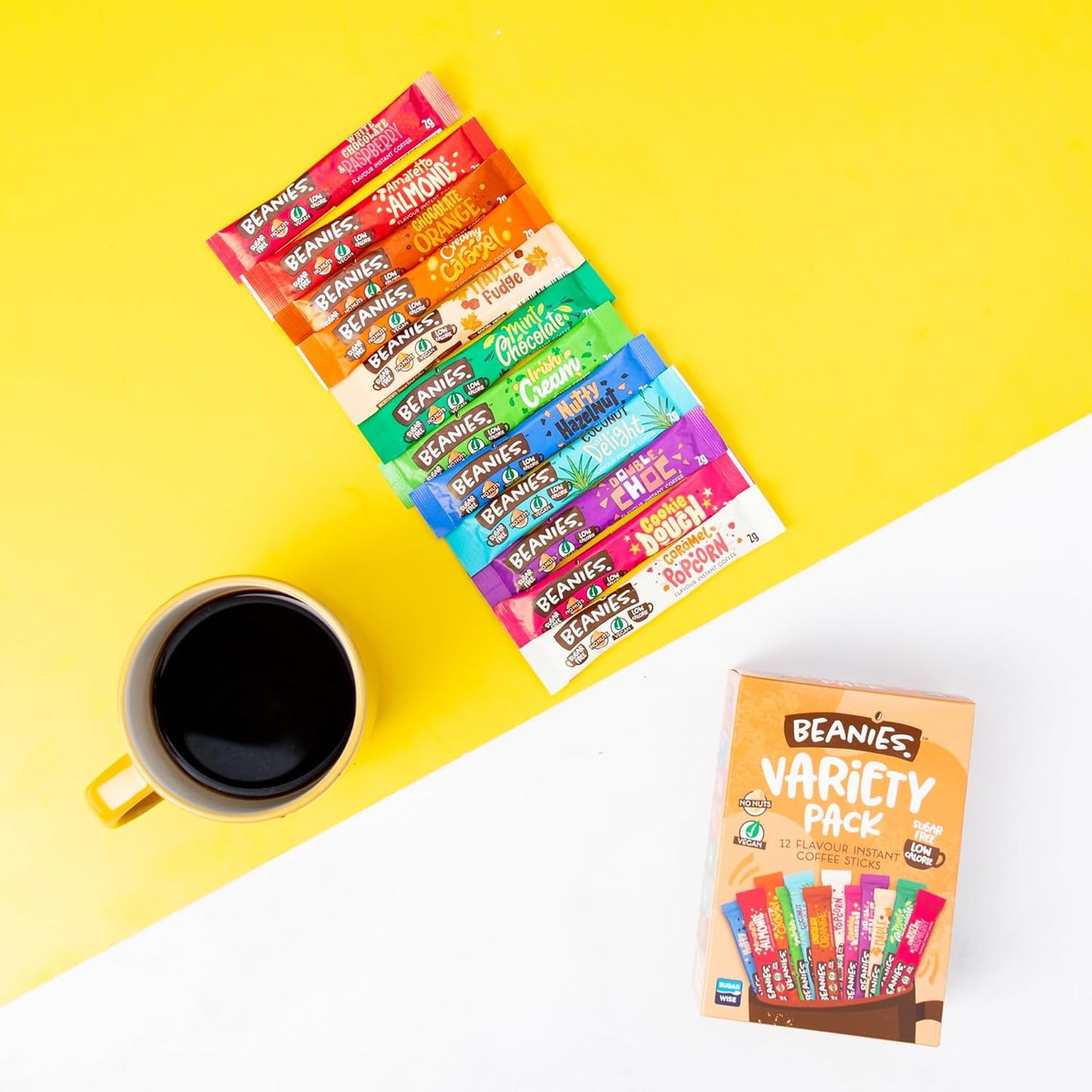 3 x Beanies Coffee Sachets Variety Box 12 Per Pack - Mixed Flavoured Instant Coffee - Vegan, nut free, low calories