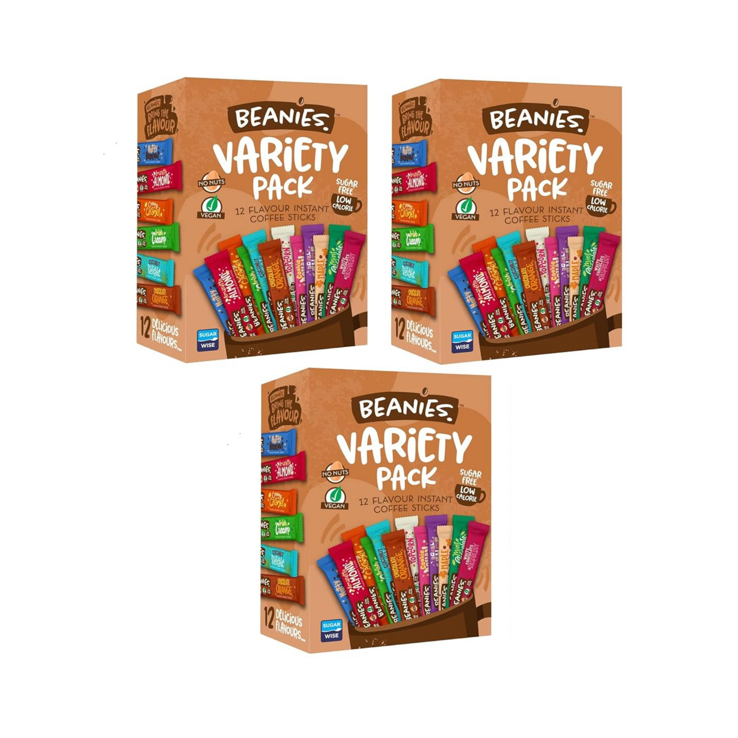 3 x Beanies Coffee Sachets Variety Box 12 Per Pack - Mixed Flavoured Instant Coffee - Vegan, nut free, low calories