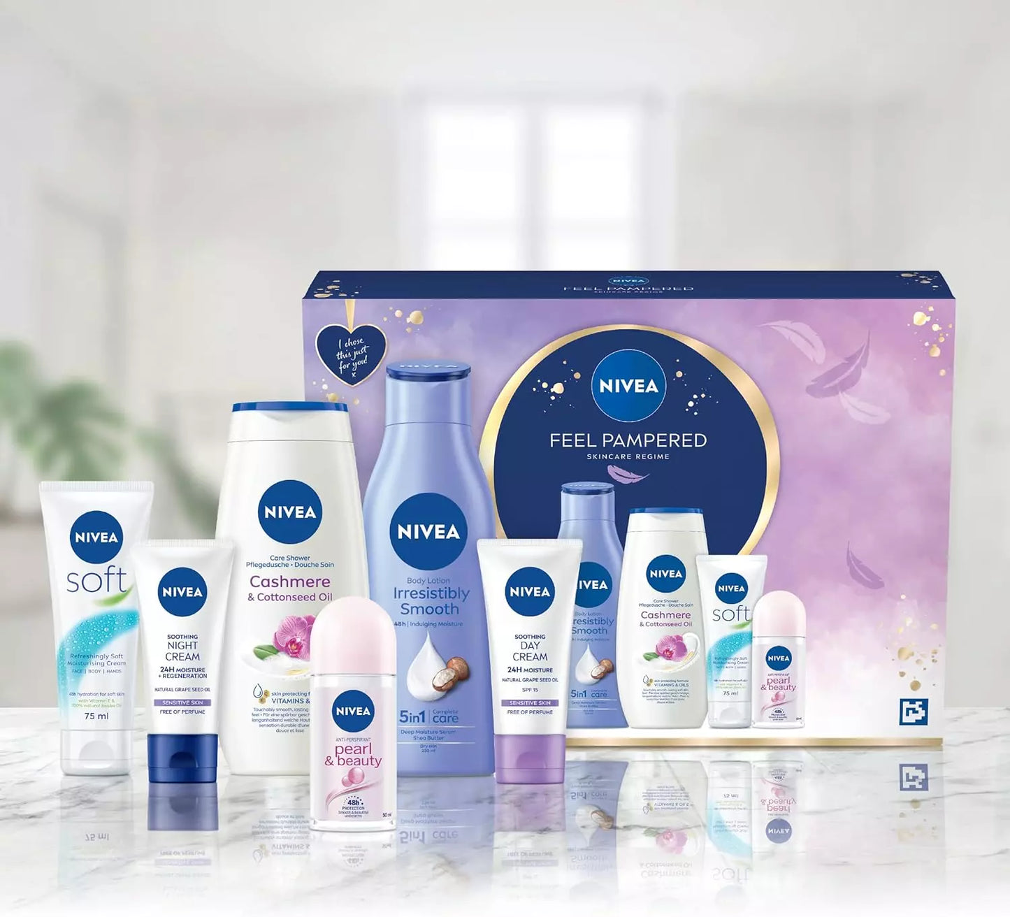 NIVEA Women's Feel Pampered Skincare Regime Gift Set, Includes Shower Cream, Anti-Perspirant, Body Lotion, Moisturising Day and Night Cream