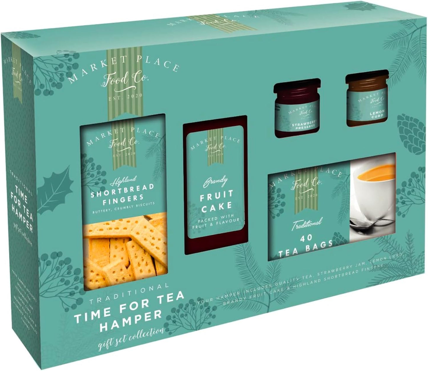 Traditional Time For Tea Hamper by Hampton - Cream tea set containing Quality Tea, Strawberry Jam, Lemon Curd, Fruit Cake, Highland Shortbread Fingers - Ideal Christmas or Birthday present