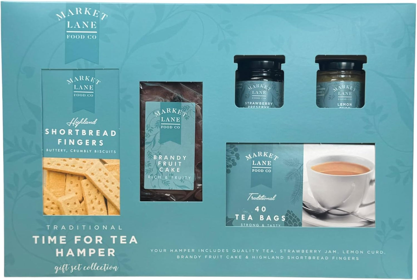 Traditional Time For Tea Hamper by Hampton - Cream tea set containing Quality Tea, Strawberry Jam, Lemon Curd, Fruit Cake, Highland Shortbread Fingers - Ideal Christmas or Birthday present