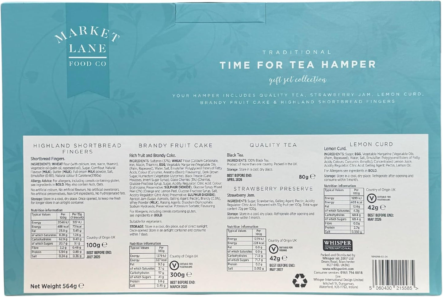 Traditional Time For Tea Hamper by Hampton - Cream tea set containing Quality Tea, Strawberry Jam, Lemon Curd, Fruit Cake, Highland Shortbread Fingers - Ideal Christmas or Birthday present
