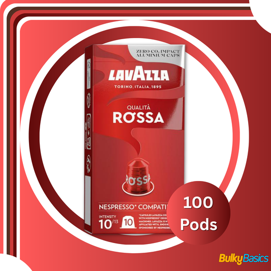 Lavazza, Qualità Rossa, 100 Aluminium Coffee Capsules Compatible with Nespresso Original Machines, Chocolate Notes, Arabica & Robusta, Intensity 10/13, Medium Roasting, 10 Packs