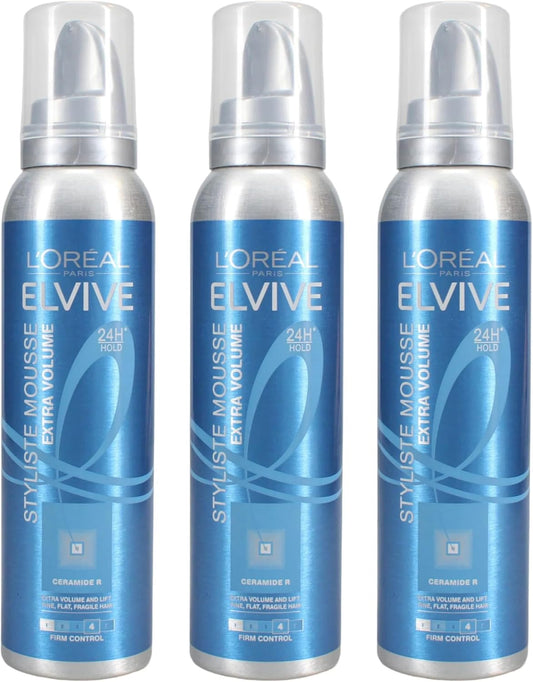 3 x Elvive Styliste Extra Volume Mousse 150ml - 24H Hold - Firm Control 4 With Ceramide R