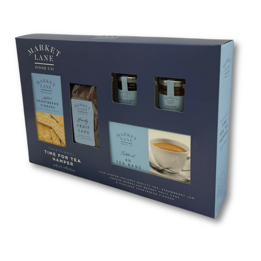 Traditional Time For Tea Hamper by Hampton - Cream tea set containing Quality Tea, Strawberry Jam, Orange Marmalade, Fruit Cake, Highland Shortbread Fingers - Ideal Christmas or Birthday present