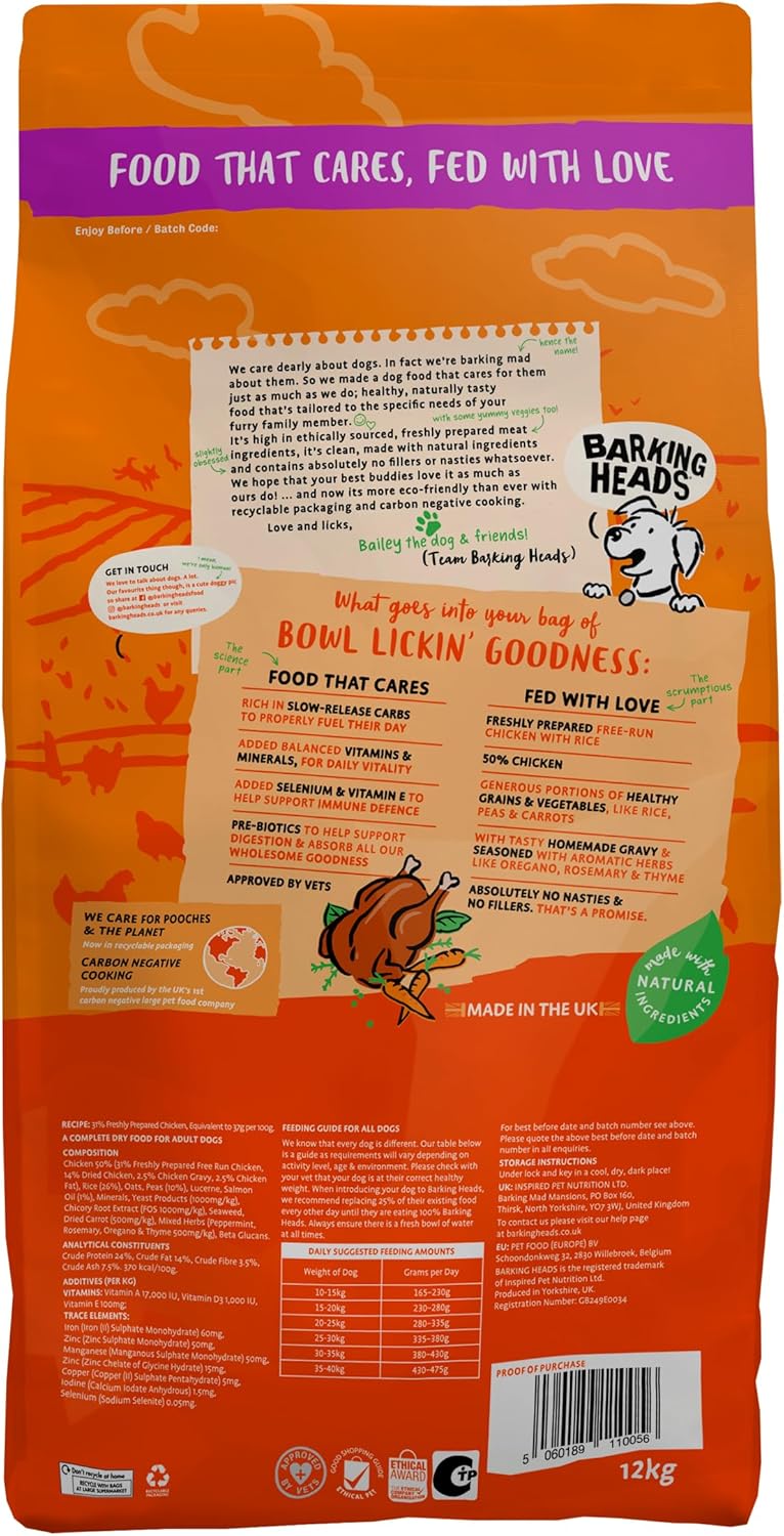 Barking Heads Complete Dry Dog Food 12kg - Adult All Hounder Bowl Lickin' Goodness Chicken - Natural Everyday Immunity & Vitality - Vet Approved