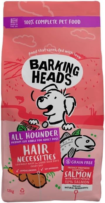 Barking Heads Complete Dry Dog Food 12kg - Adult All Hounder Hair Necessities Salmon - Natural Grain Free Hypoallergenic for Skin & Coat - Vet Approved
