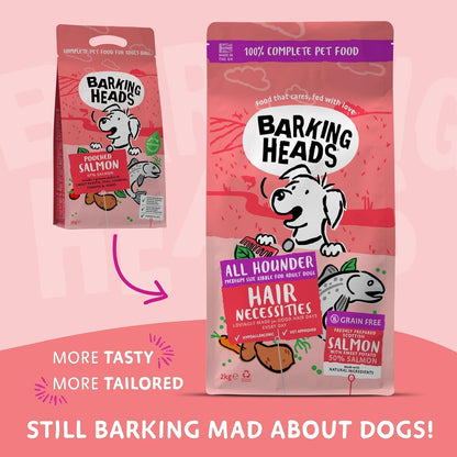Barking Heads Complete Dry Dog Food 12kg - Adult All Hounder Hair Necessities Salmon - Natural Grain Free Hypoallergenic for Skin & Coat - Vet Approved