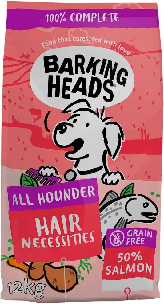 Barking Heads Complete Dry Dog Food 12kg - Adult All Hounder Hair Necessities Salmon - Natural Grain Free Hypoallergenic for Skin & Coat - Vet Approved