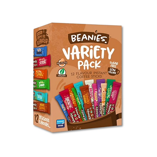 Beanies Mixed Flavoured Instant Coffee 12 Sachets with 12 Different Flavours in a variety pack, Freeze-Dried Granules, Premium Taste, Nut-Free, Rich in Flavour, Low-Calorie, Gluten-Free, Vegan