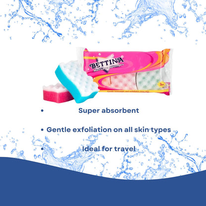 6 x Exfoliating Bath Sponge for Adults and Kids, 2 Packs of 3 Massage Sponges for Men and Women, Mixed Colours