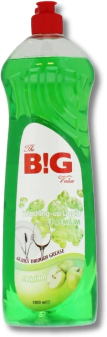 6 x 1L The Big Value Premium Washing-Up Liquid Apple - Glides Through Grime and Grease, Perfect for at Home, Work or Commercial Kitchens - 6 Litres Total