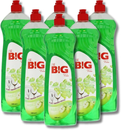6 x 1L The Big Value Premium Washing-Up Liquid Apple - Glides Through Grime and Grease, Perfect for at Home, Work or Commercial Kitchens - 6 Litres Total
