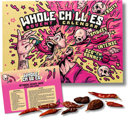Crafted Gift Co. Premium Whole Chillies Advent Calendar 2025 - 24 Days Of Super Hot Chilli's - Christmas Food Advent Calendar - Fiery Flavours - Recipe Included