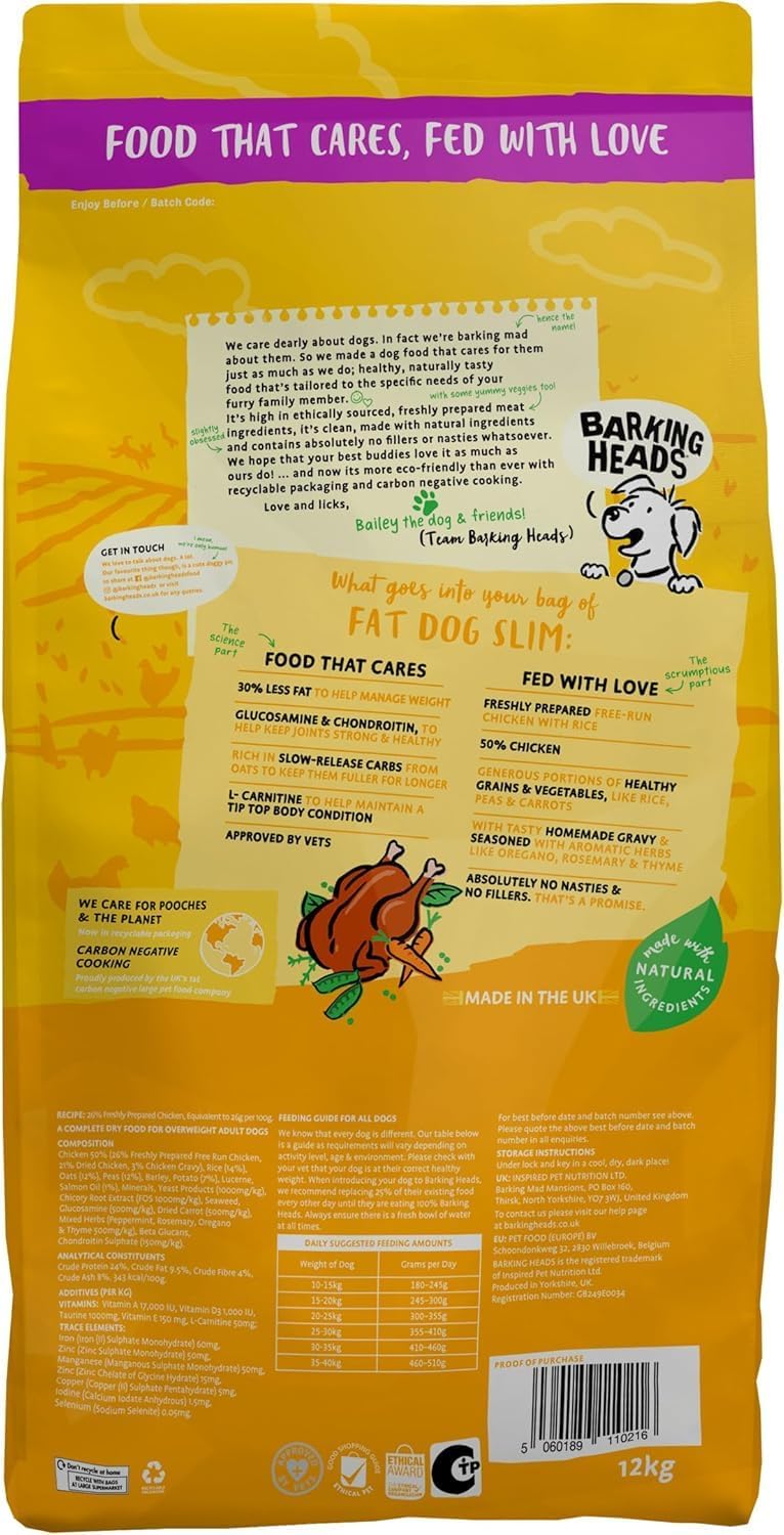 Barking Heads Complete Dry Dog Food 12kg - Adult All Hounder Fat Dog Slim Chicken - Natural Low Fat Weight Management for Overweight Dogs - Vet Approved