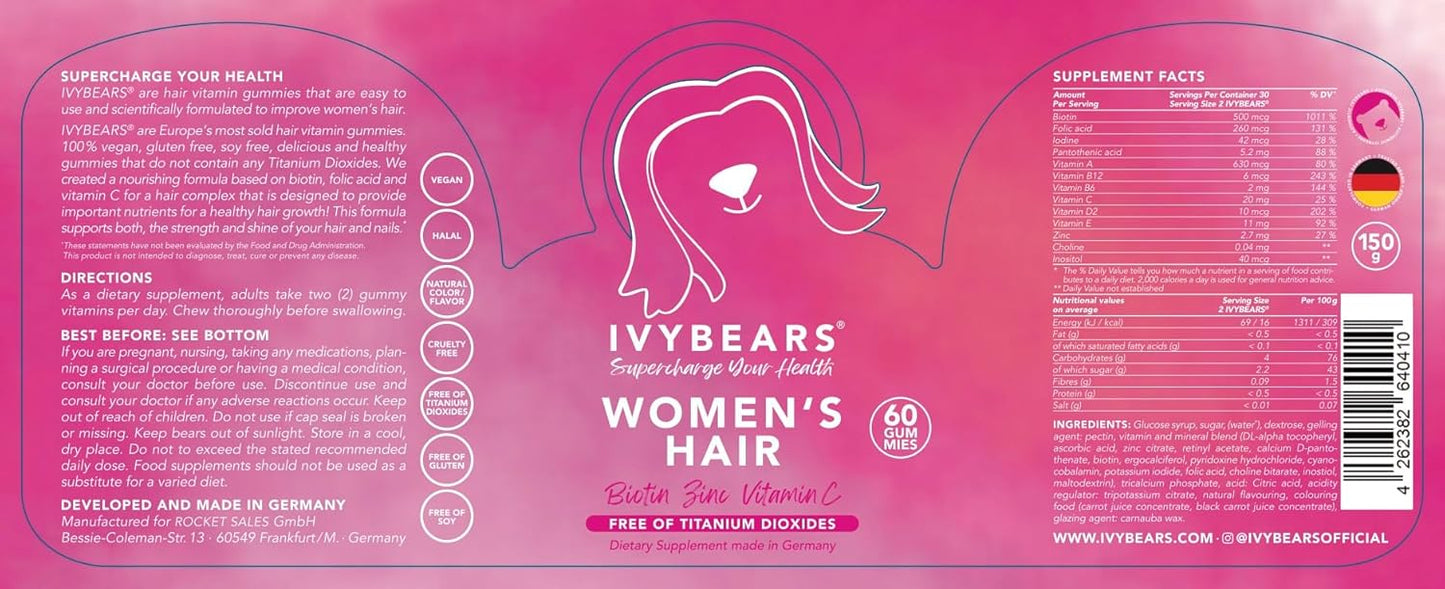 Biotin High Dose & Zinc High Dose - Accelerate Hair Growth with Vitamin B12 High Dose, Folic Acid & Vitamin B Complex High Dose - Gummy Bears for Hair - [KI-Health Advisor ADA] - Vegan