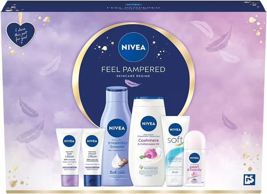 NIVEA Women's Feel Pampered Skincare Regime Gift Set, Includes Shower Cream, Anti-Perspirant, Body Lotion, Moisturising Day and Night Cream