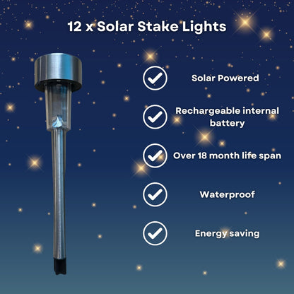 12 x Status Garden Mini Solar Stake Lights, Outdoor LED Garden Lights - Battery Lasts 10 Hours, Rust, Scratch & All-Weather Resistant, with Replaceable Rechargeable Battery [Energy Class A+++]